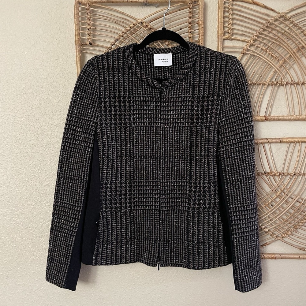 AKRIS Punto Metallic Houndstooth Jacquard Jacket Quiet Luxury Women's Sz 10 B11
